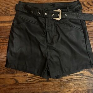 Cloud Ten: Black Faux Leather Shorts with Gold Buckle Belt
